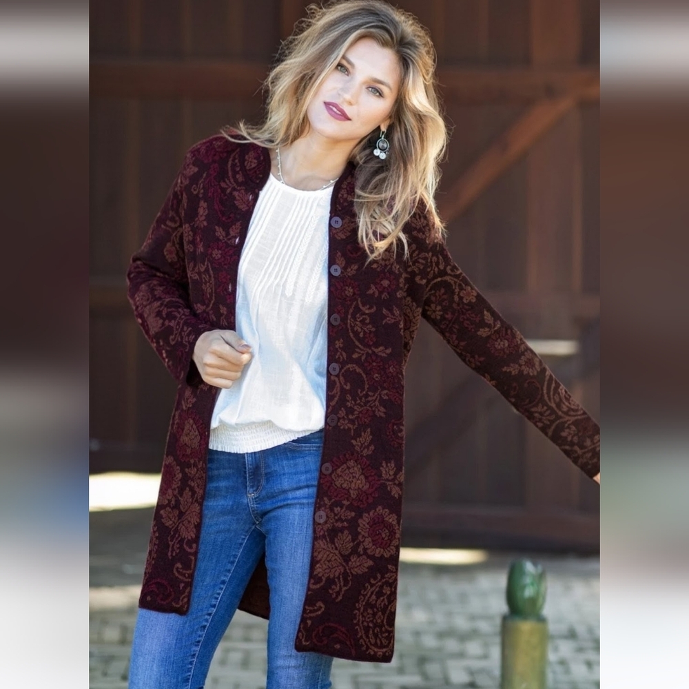 NOVICA 100% Baby Alpaca Dream Garden Burgandy Long Cardigan With Mandarin Collar